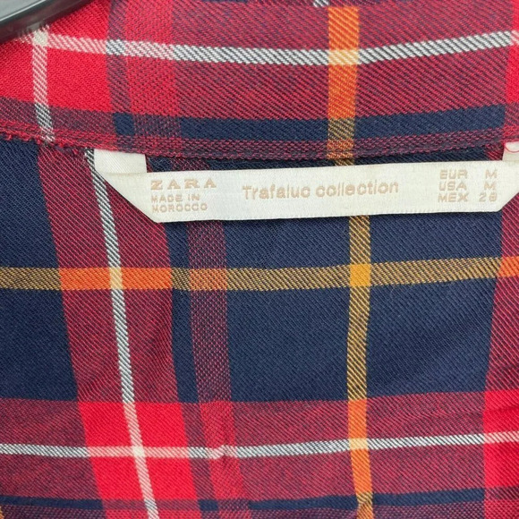 Zara Button-Up Shirt Women's Sz M Red Blue Plaid V-Neck Collared Relaxed Fit - Picture 10 of 12